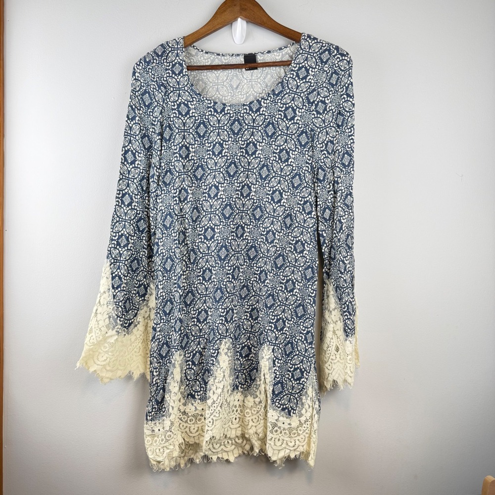 Swell Womens Lace Bell Sleeve Tunic Dress Small Blue White Boho Festival Hippie